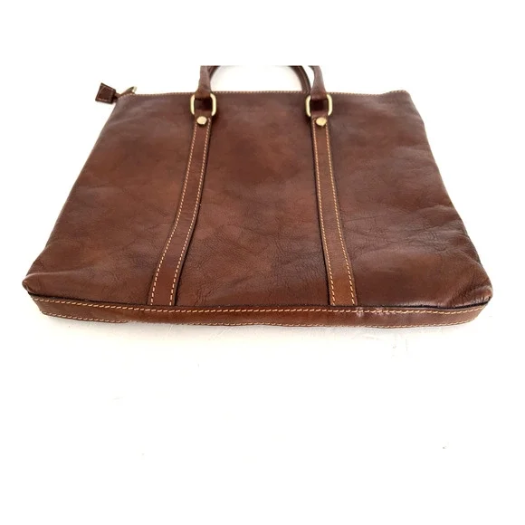 Persaman Work Tote Bag Brown Leather Top Zip Double Handles Crossbody Strap